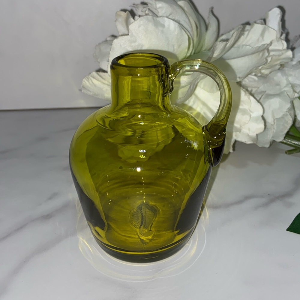Green/Yellow Glass Pitcher Cruet Hand Blown Applied Handle